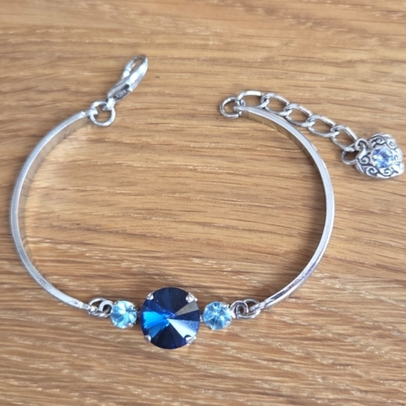 Rhodium Bar Bracelet, Blue Crystals, Hand Crafted - Picture 2 of 8